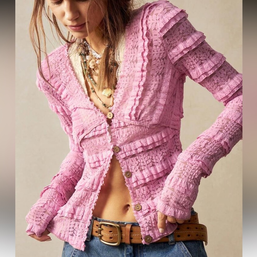Pink Ruffled Button-Up Top - Picture 6 of 7